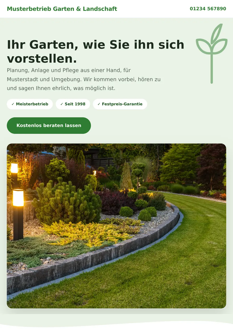 Beispielseite für einen Garten- und Landschaftsbaubetrieb auf einem Tablet