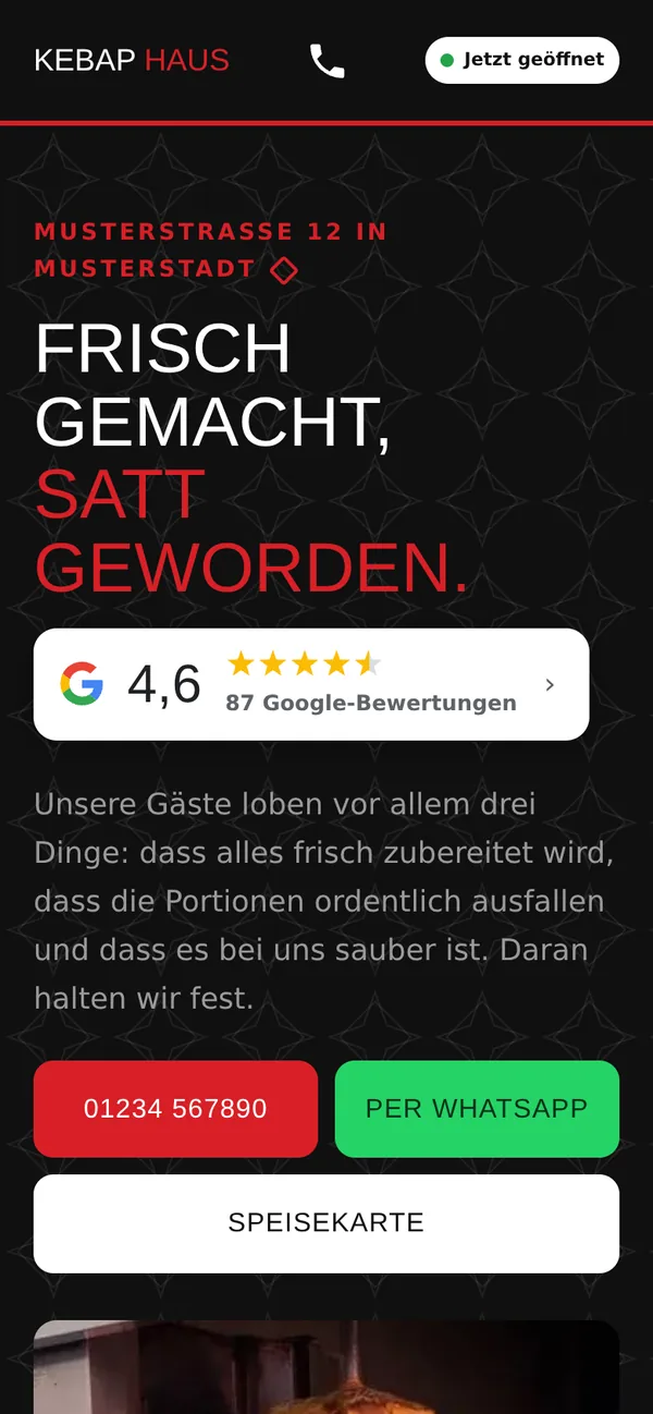Beispielseite für einen Imbissbetrieb auf einem Handy