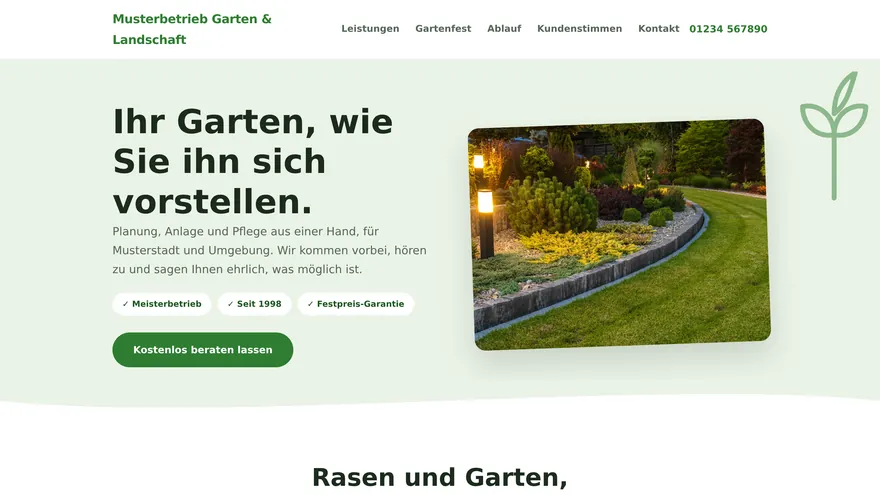 Beispielseite für einen Garten- und Landschaftsbaubetrieb: heller Kopfbereich mit großem Gartenfoto