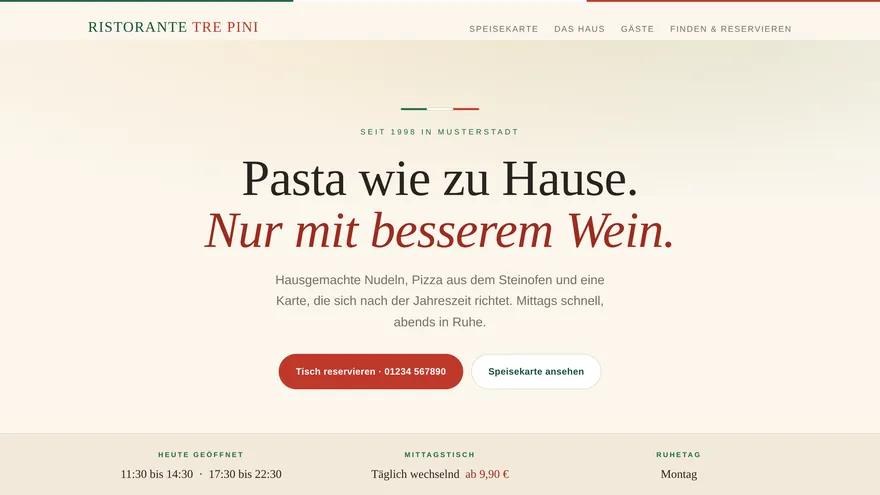 Beispielseite für ein italienisches Restaurant: heller Kopfbereich mit Reservierungsknopf