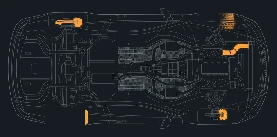 Fahrzeug von unten, entdeckte Verschleißteile orange markiert