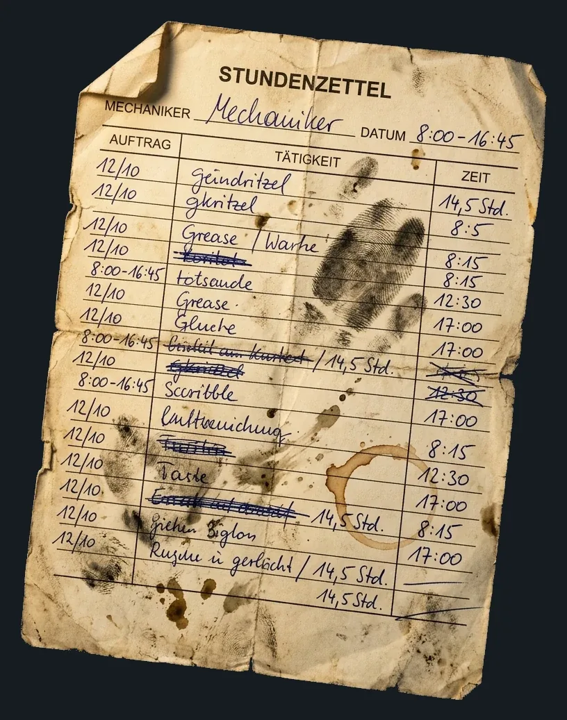 Abgegriffener, handschriftlicher Stundenzettel mit Kaffeeflecken, Ölspuren und durchgestrichenen Zeilen