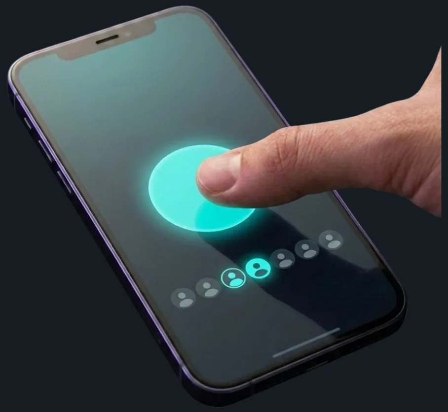 Sauberes, modernes Smartphone mit türkis leuchtender Stempel-Ansicht statt Papierzettel